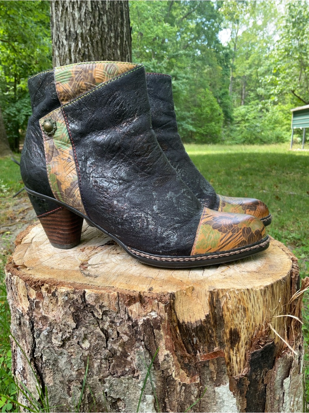 Women’s Black Leather Ankle Booties with Olive Floral Accent
